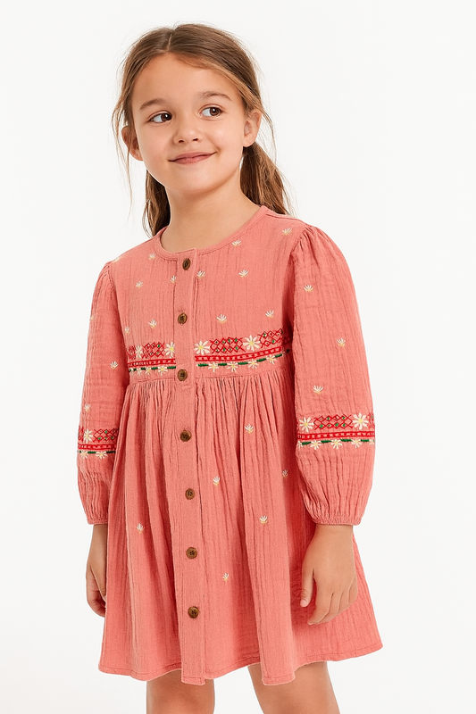 Coral Embroidered Muslin Baby Dress with Wooden Buttons
