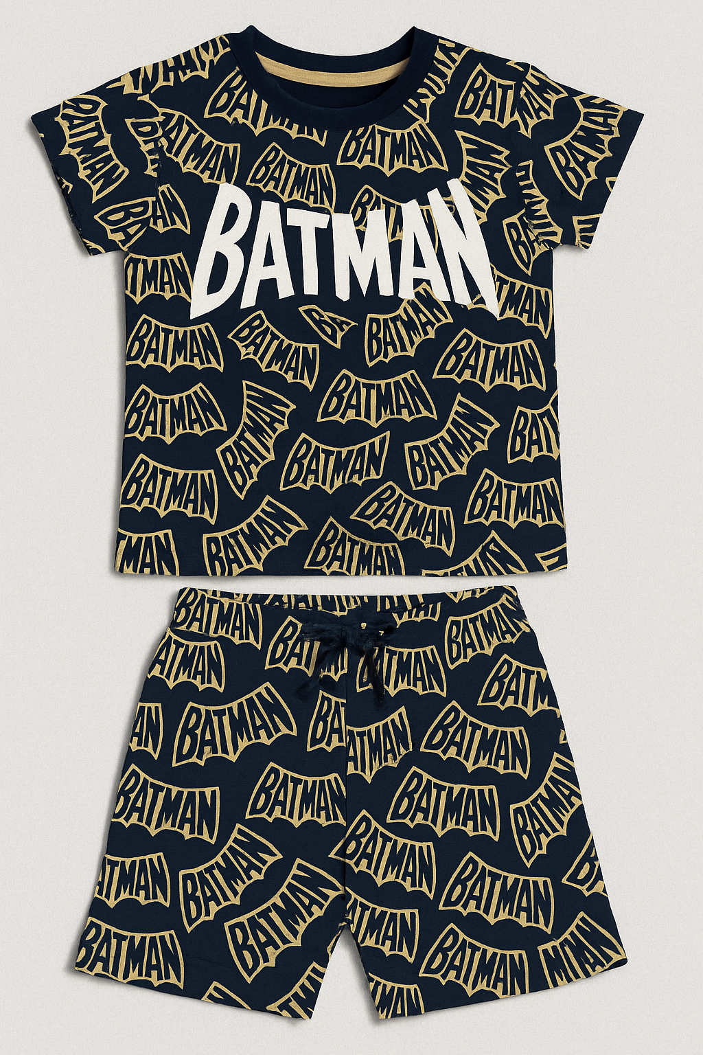 Batman Logo Print T-Shirt & Shorts Set – dark blue & yellow