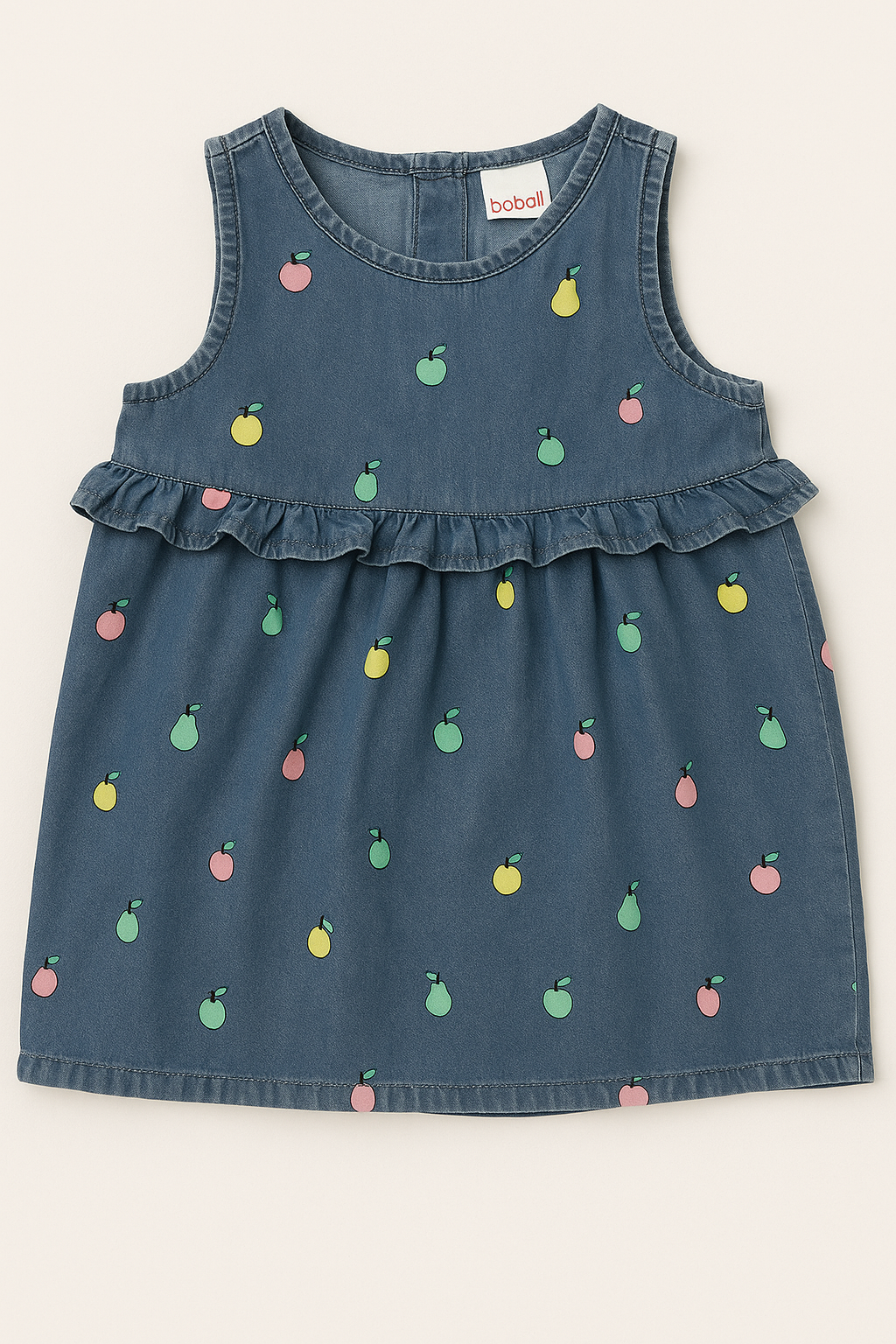 Blue Sleeveless Fruit Print Baby Dress with Ruffle Detail