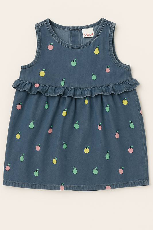 Blue Sleeveless Fruit Print Baby Dress with Ruffle Detail