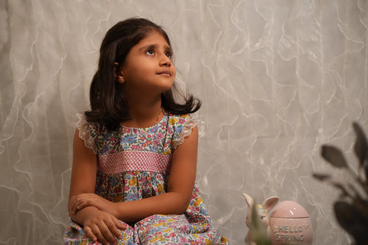 Cheerful floral cotton smocked dress