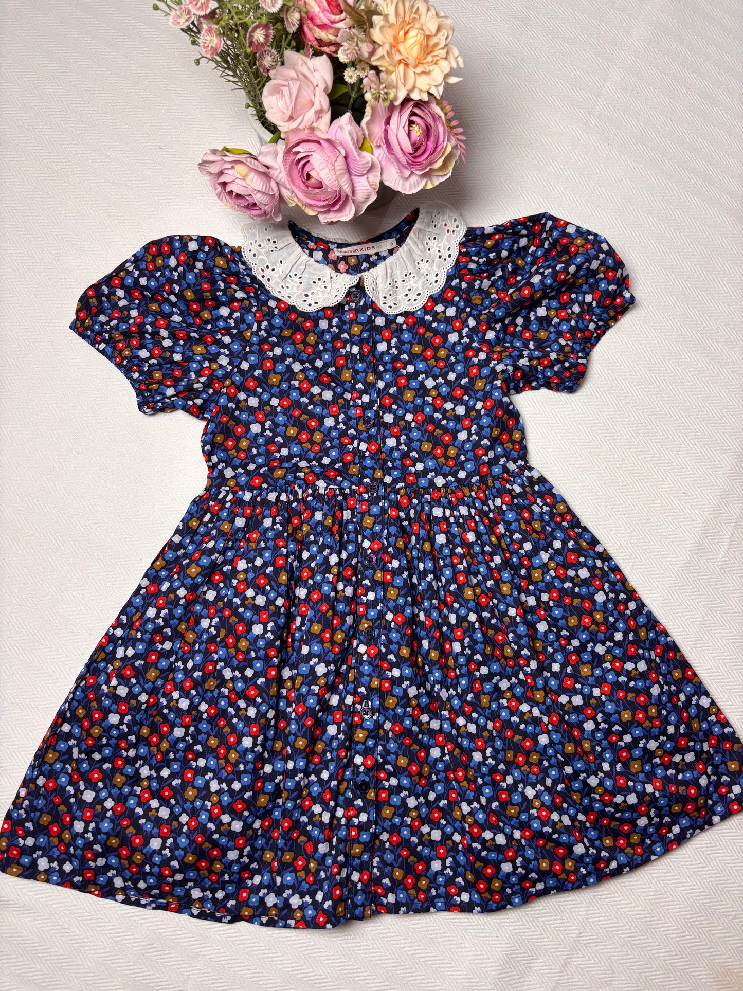Vintage Navy Floral Cotton Dress with Lace Collar