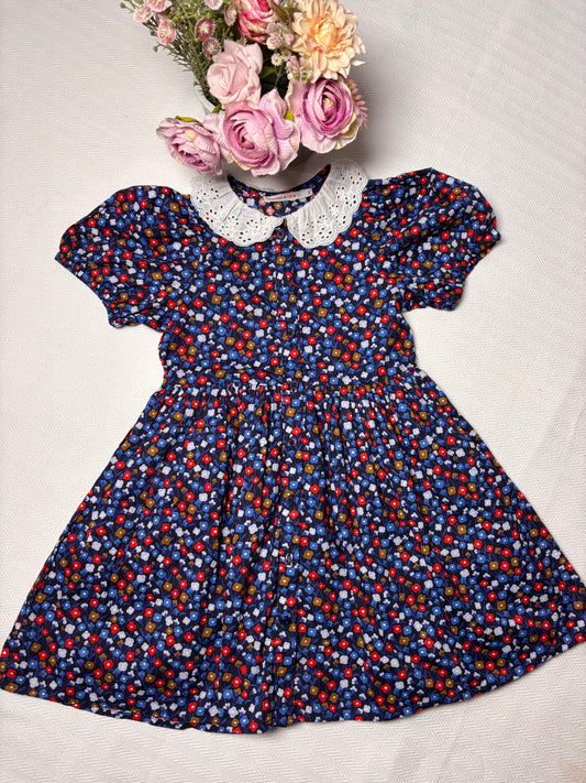 Vintage Navy Floral Cotton Dress with Lace Collar