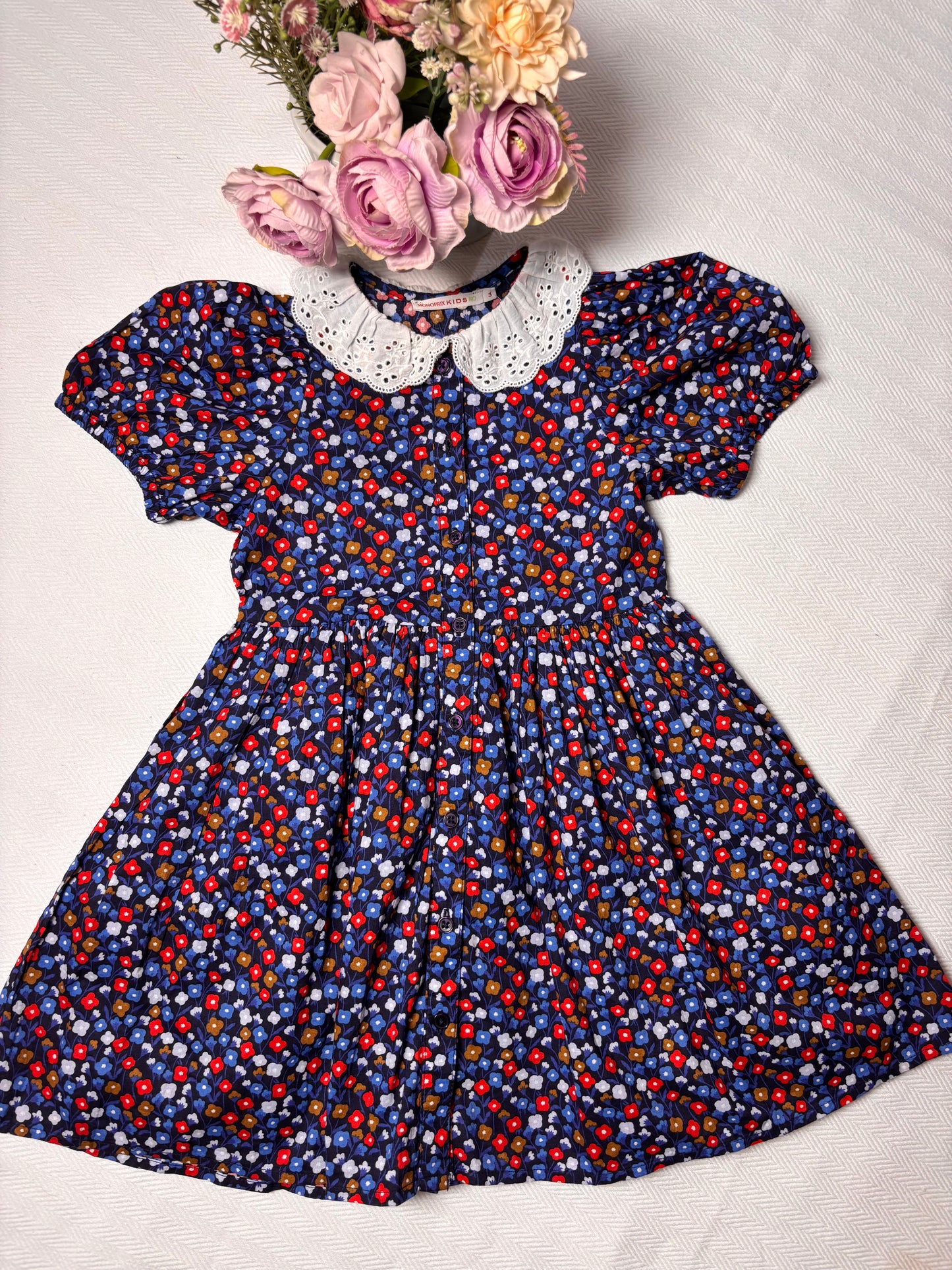 Vintage Navy Floral Cotton Dress with Lace Collar