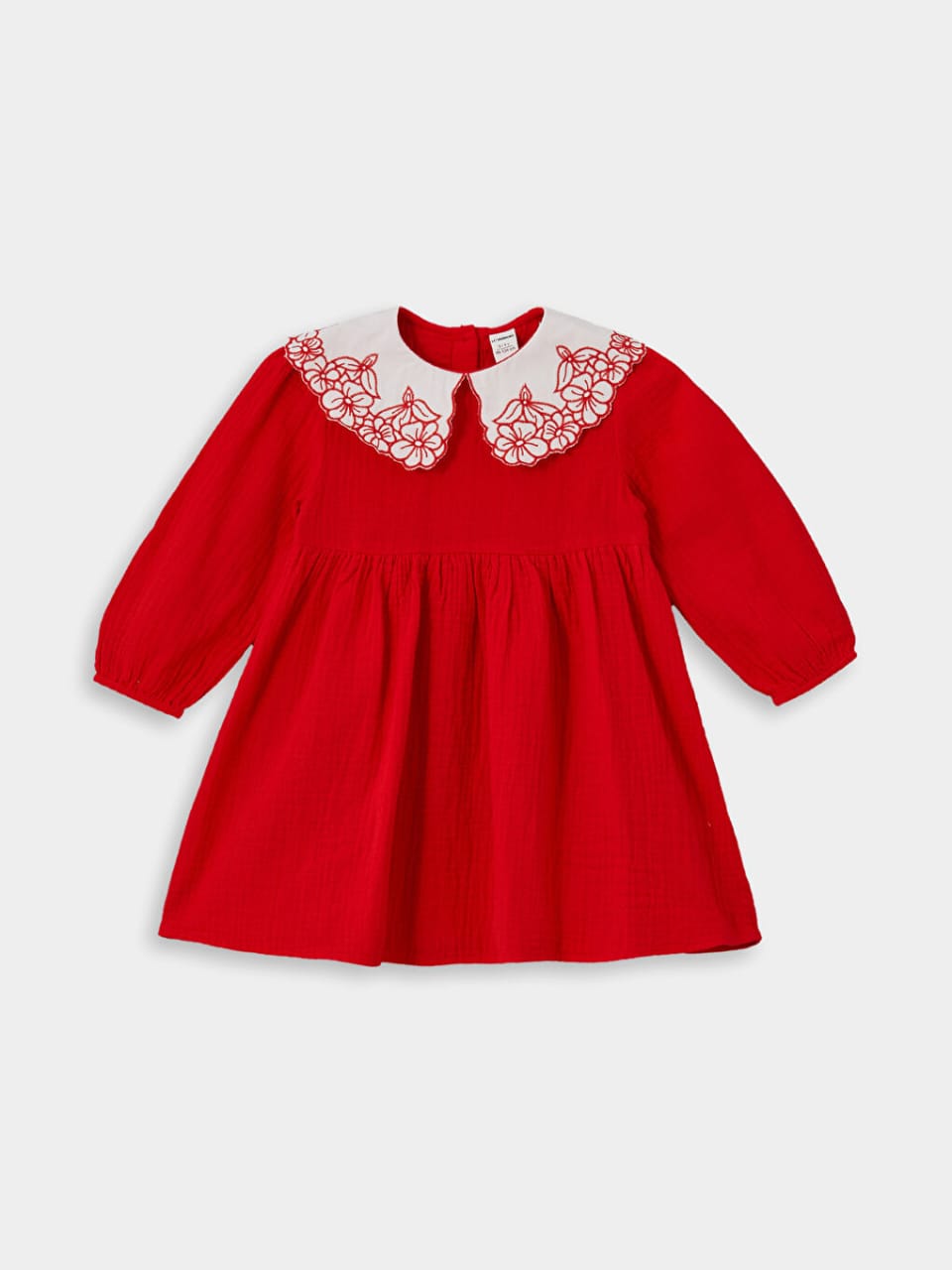 Red Blossom Collar Crushed Cotton Dress
