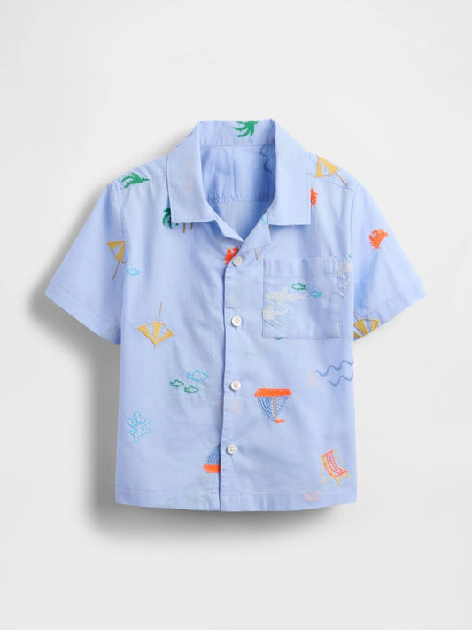 Seaside Fun Embroidered Cotton Shirt