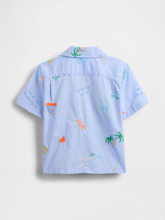 Seaside Fun Embroidered Cotton Shirt
