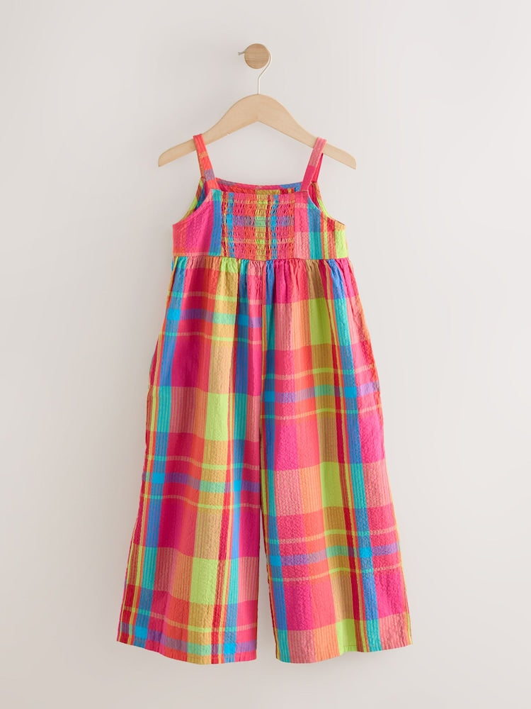 Rainbow Check Smocked Cotton Jumpsuit