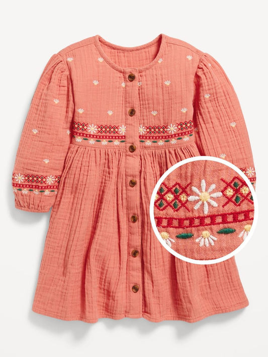 Coral Embroidered Muslin Baby Dress with Wooden Buttons