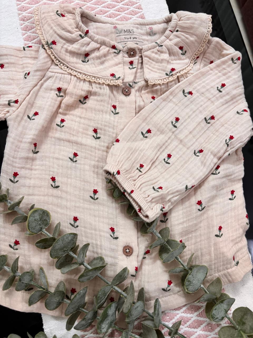 Beige Muslin Long Sleeve Baby Top with Red Floral print