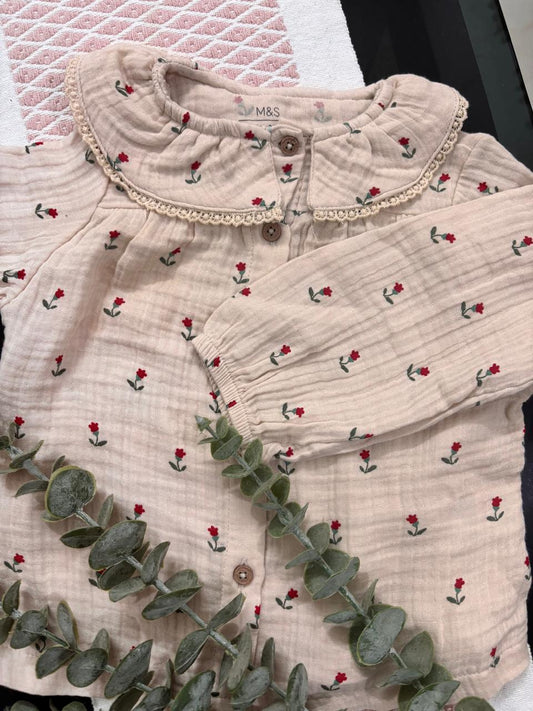 Beige Muslin Long Sleeve Baby Top with Red Floral print