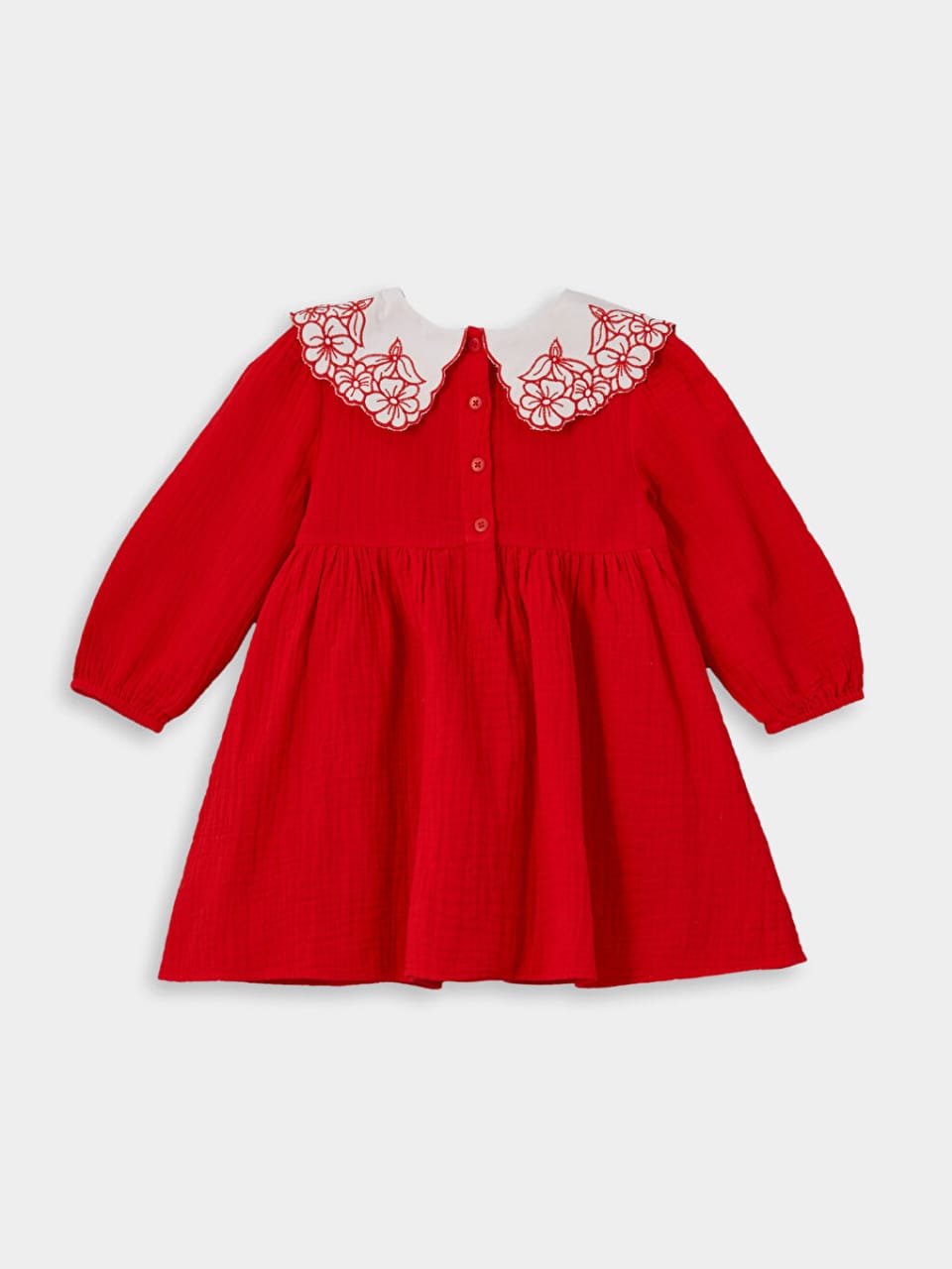 Red Blossom Collar Crushed Cotton Dress