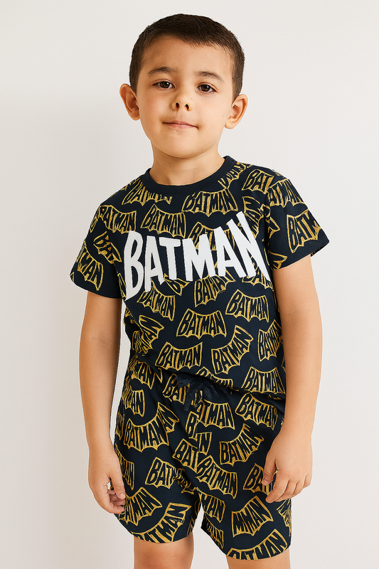 Batman Logo Print T-Shirt & Shorts Set – dark blue & yellow