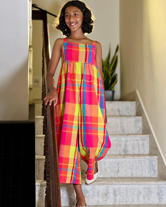 Rainbow Check Smocked Cotton Jumpsuit