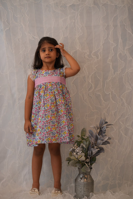 Cheerful floral cotton smocked dress