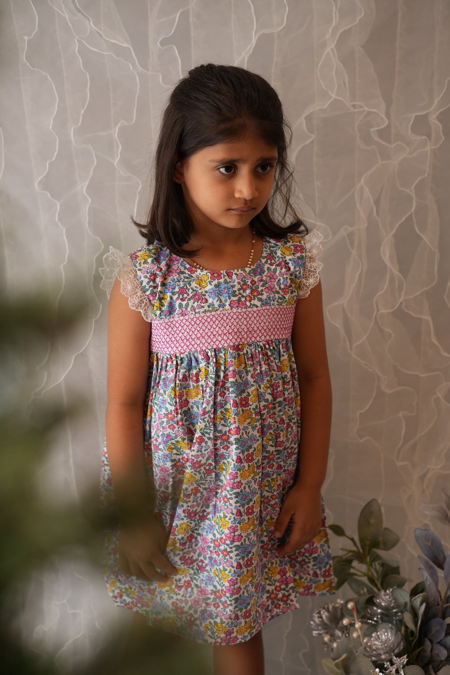 Cheerful floral cotton smocked dress