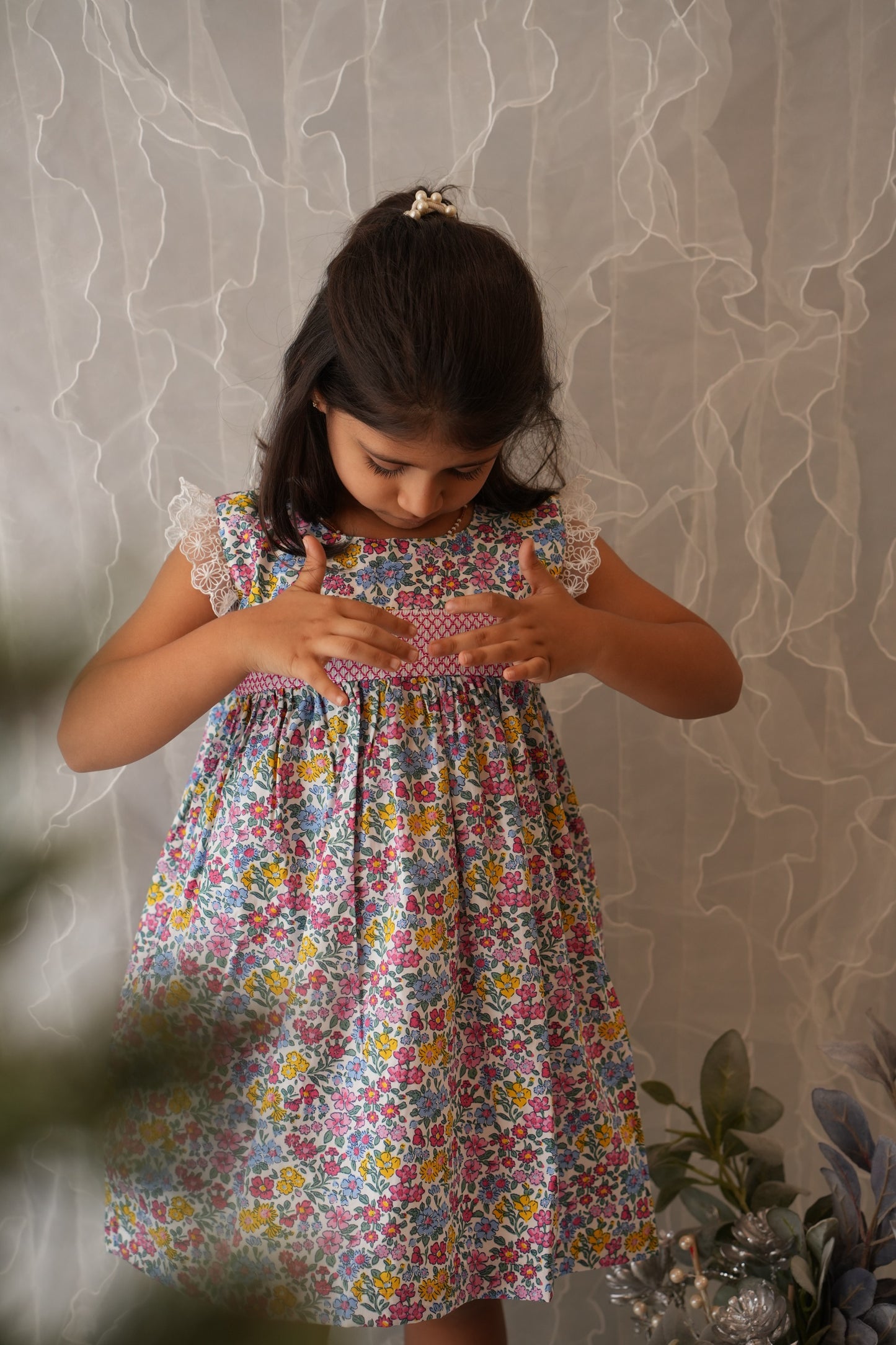 Cheerful floral cotton smocked dress