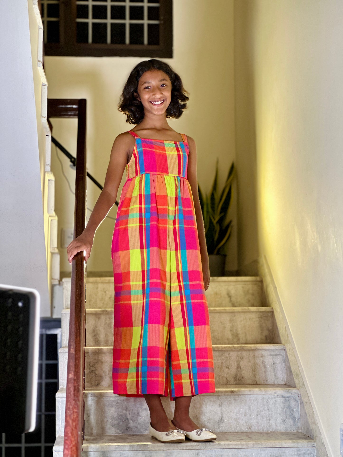 Rainbow Check Smocked Cotton Jumpsuit